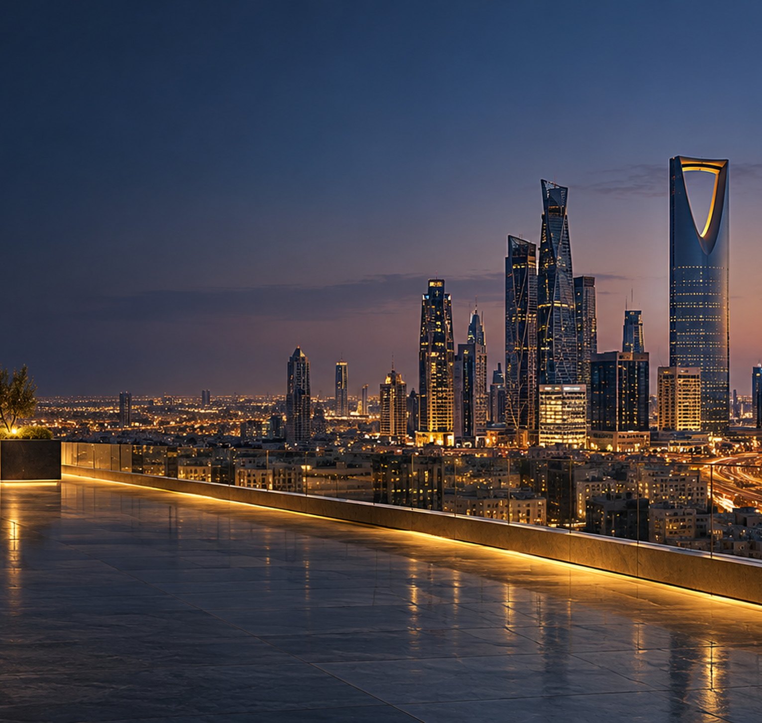 A lit rooftop terrace above Riyadh at dusk, the Kingdom Centre on the skyline
