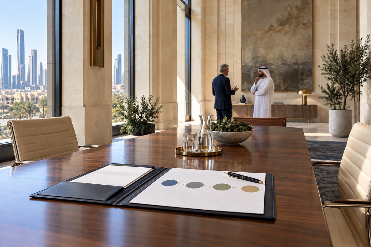 A daylit Riyadh boardroom, a Value Case open on the table