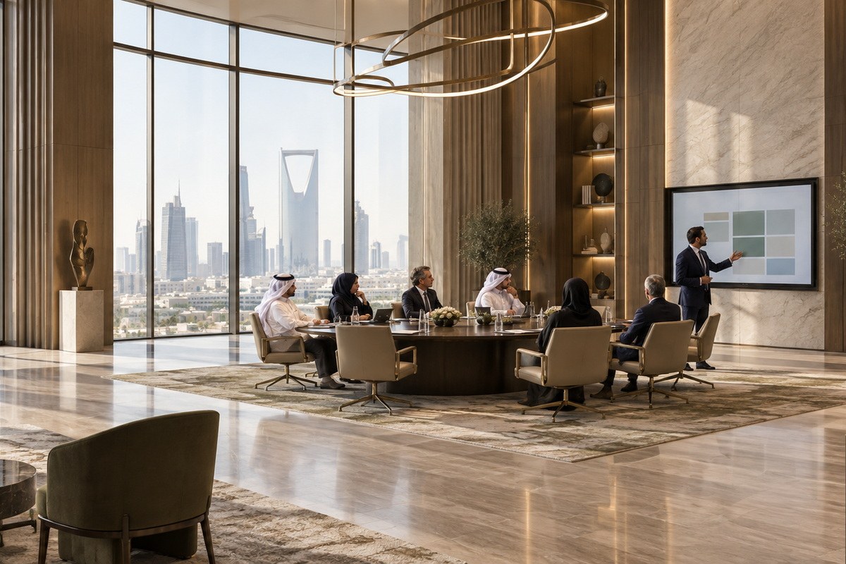 A round-table session in a Riyadh boardroom, a presentation under way