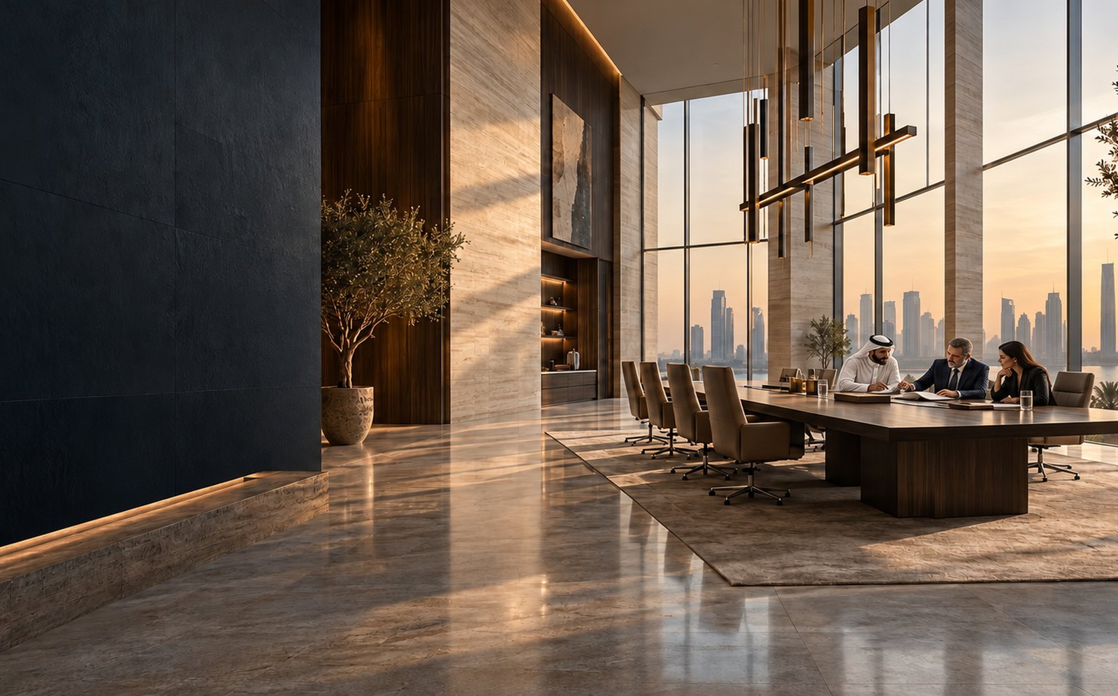 A boardroom above the Gulf at sunset, three principals working through a document