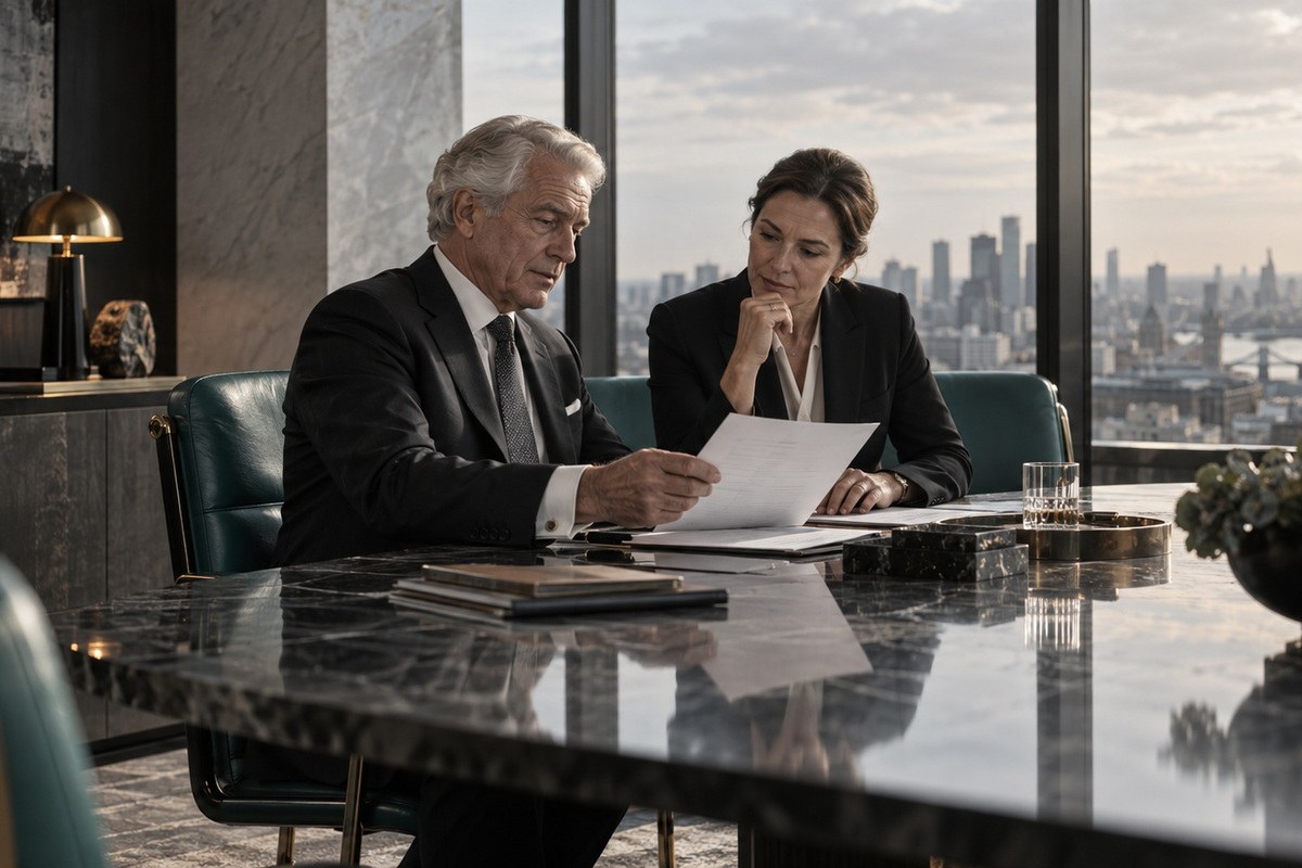 A chairman and a board member reading a paper across a boardroom table