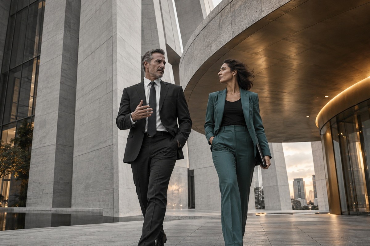Two executives in conversation crossing the forecourt of a corporate headquarters