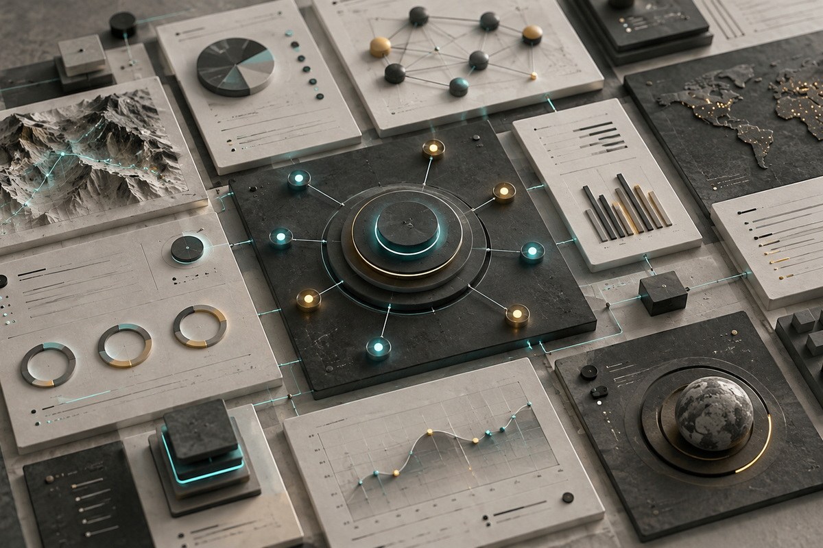 An operating model laid out as connected dashboards, charts and a central node