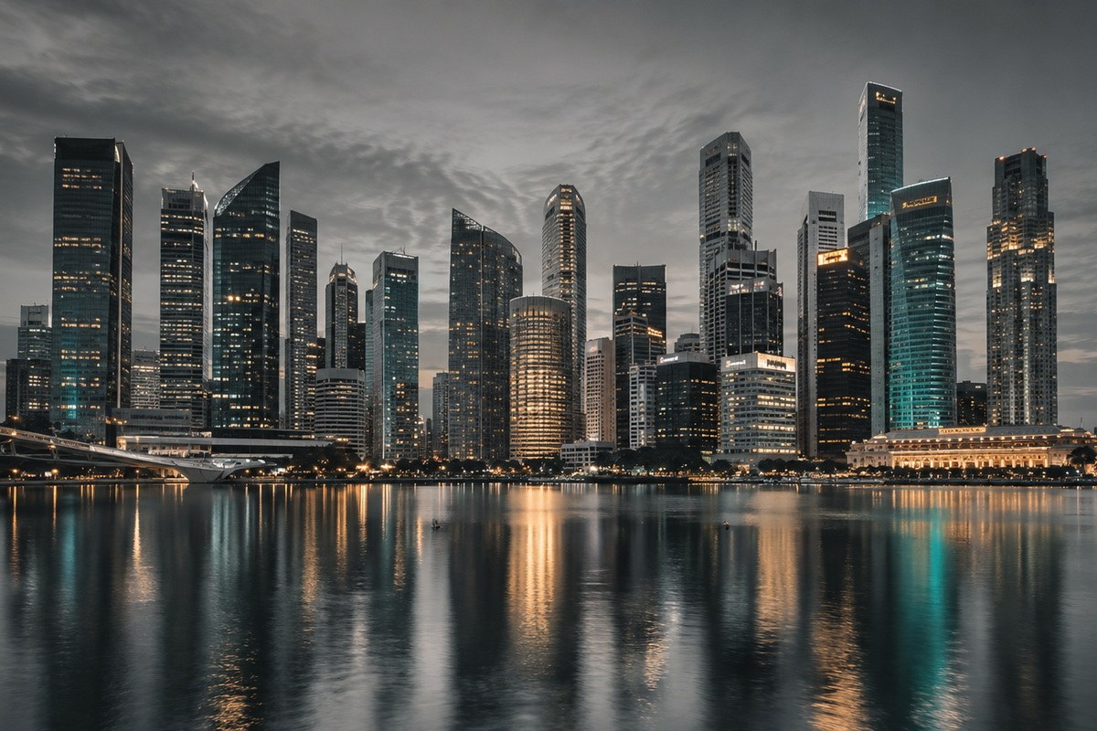 A financial district skyline at night, lit towers reflected in the water