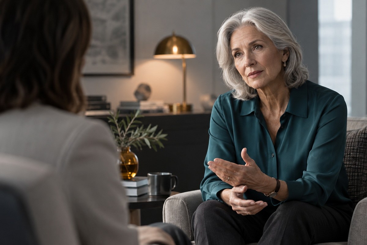 A coach and a senior executive in conversation in a private office