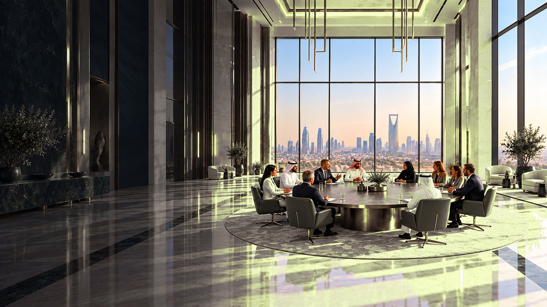 A round-table session in a Riyadh tower at golden hour, the Kingdom Centre beyond