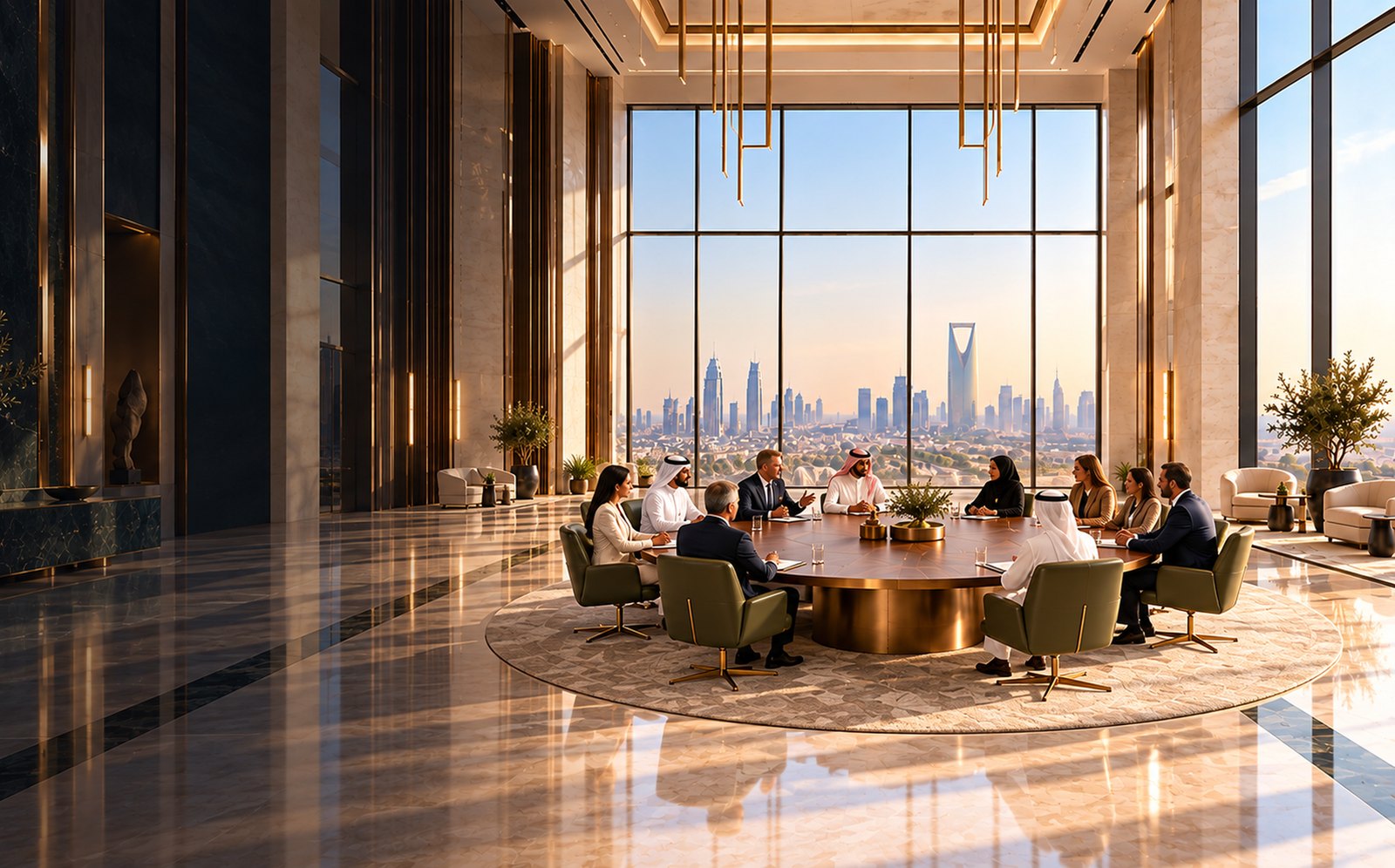 A round-table session in a Riyadh tower at golden hour, the Kingdom Centre beyond