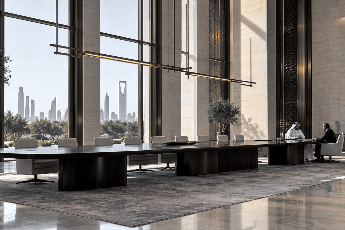 A daylit Riyadh boardroom, two principals in conversation at the far end