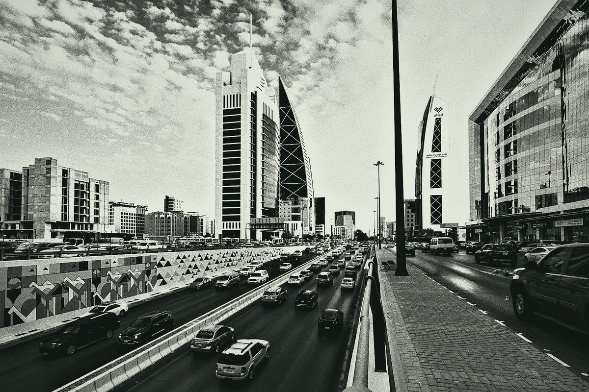 Riyadh towers and traffic in monochrome