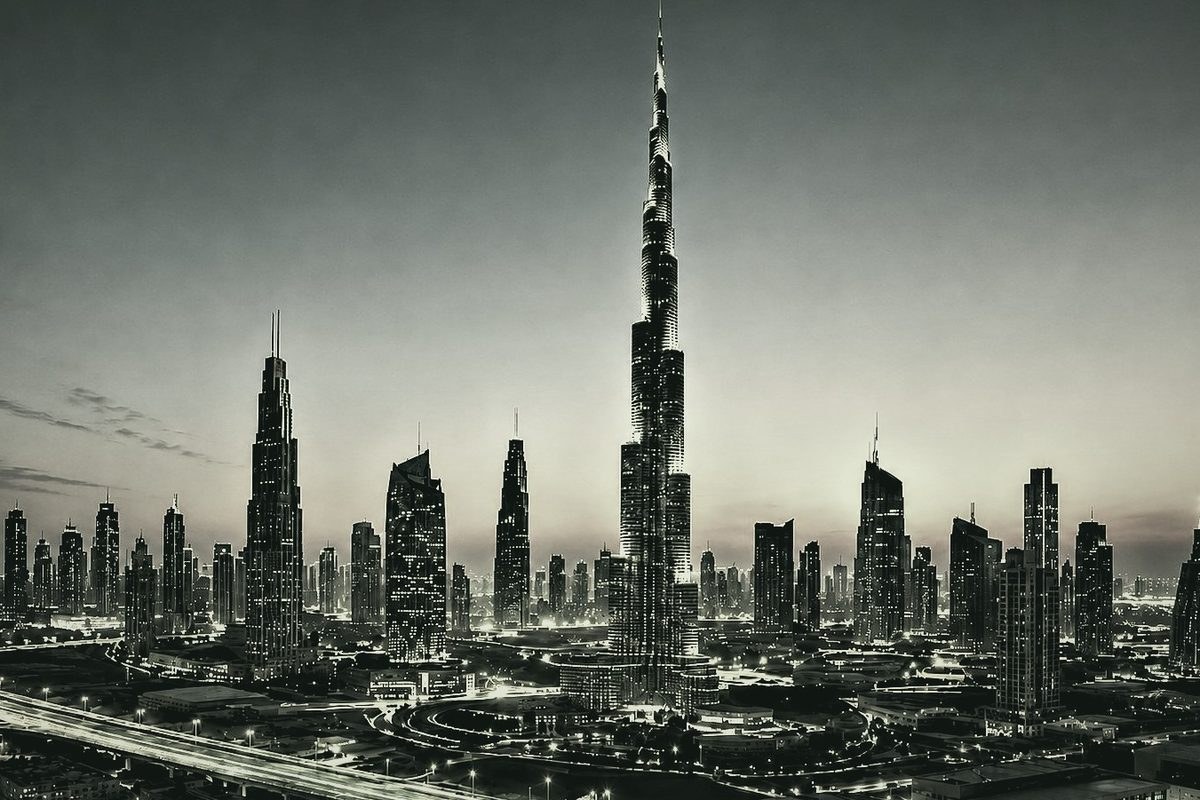 The Dubai skyline at dusk